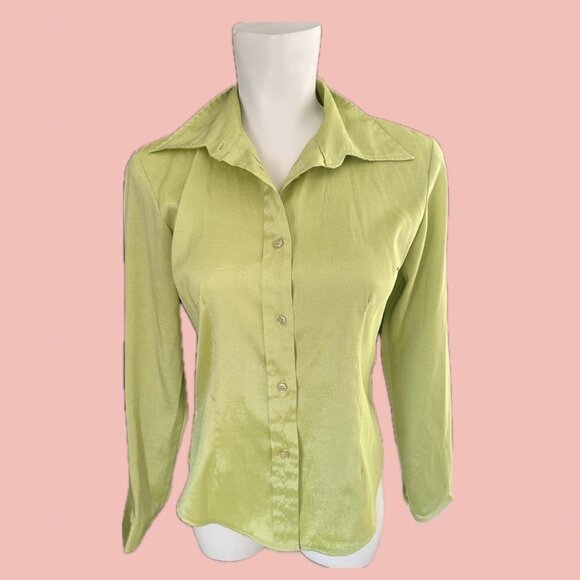 Vintage 90s Dynamite Lime Green Satin Shirt – Fitted Shimmery Button-Up (Size S) - Picture 1 of 8